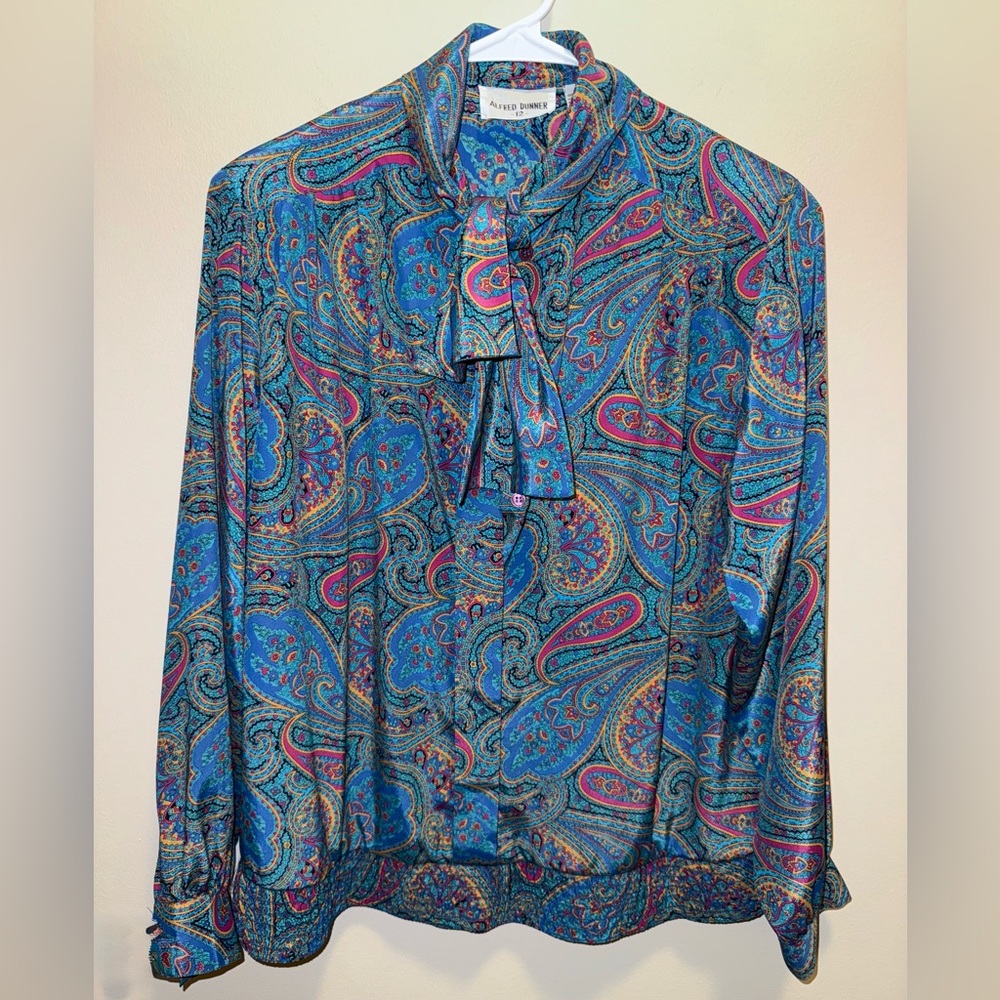 Alfred Dunner Vintage Blue Paisley Tie Front Blouse